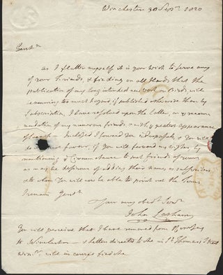 Autograph letter signed and dated 1820. John Latham.