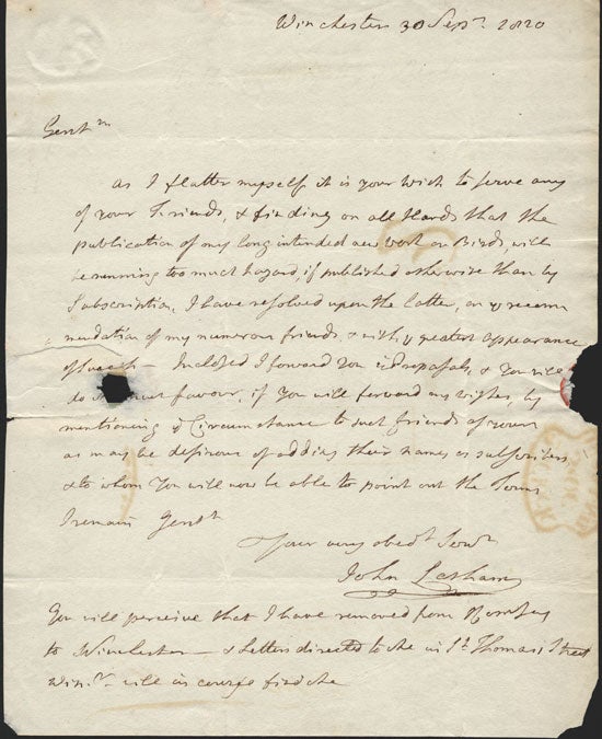 Stock ID 38112 Autograph letter signed and dated 1820. John Latham.