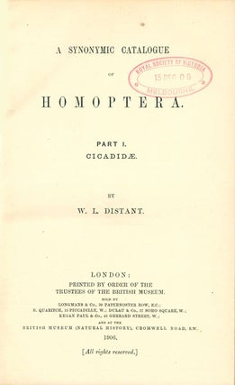 A synonymic catalogue of Homoptera. Part one: Cicadidae [all published].