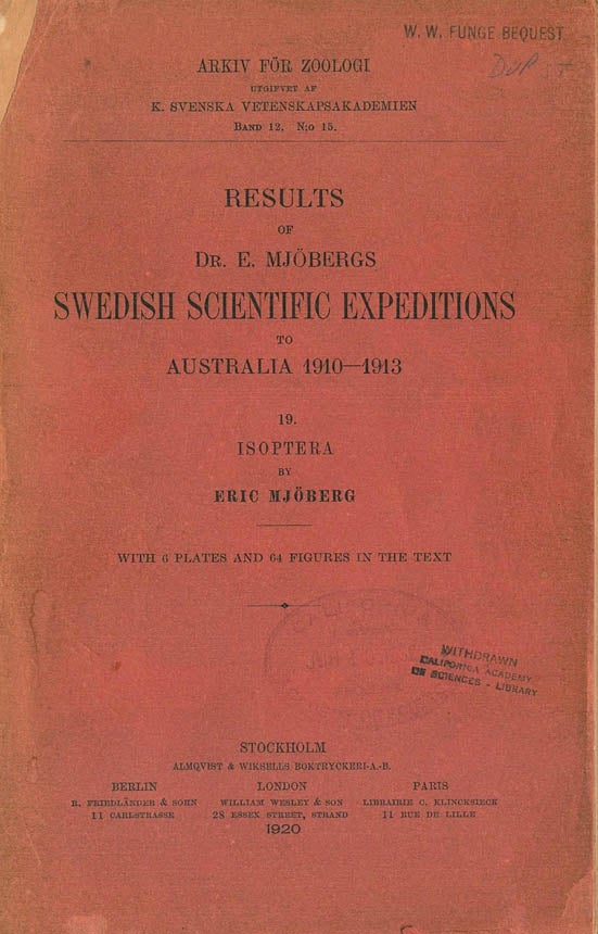 Stock ID 43225 Results of Dr. E. Mjoberg's Swedish scientific expeditions to Australia 1910-1913. 19. Isoptera. Eric Mjoberg.