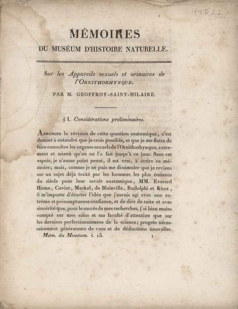 Stock ID 44522 Memoires du museum national d'histoire naturelle: sur les appareils sexuels et urinaires de l'Ornithorhynque [drop title]. Geoffroy Saint-Hilaire.