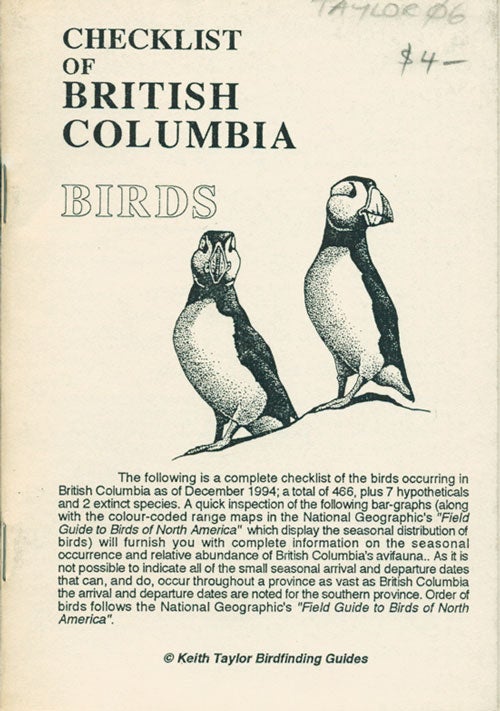 Stock ID 8273 Checklist of British Columbia birds. Keith Taylor.